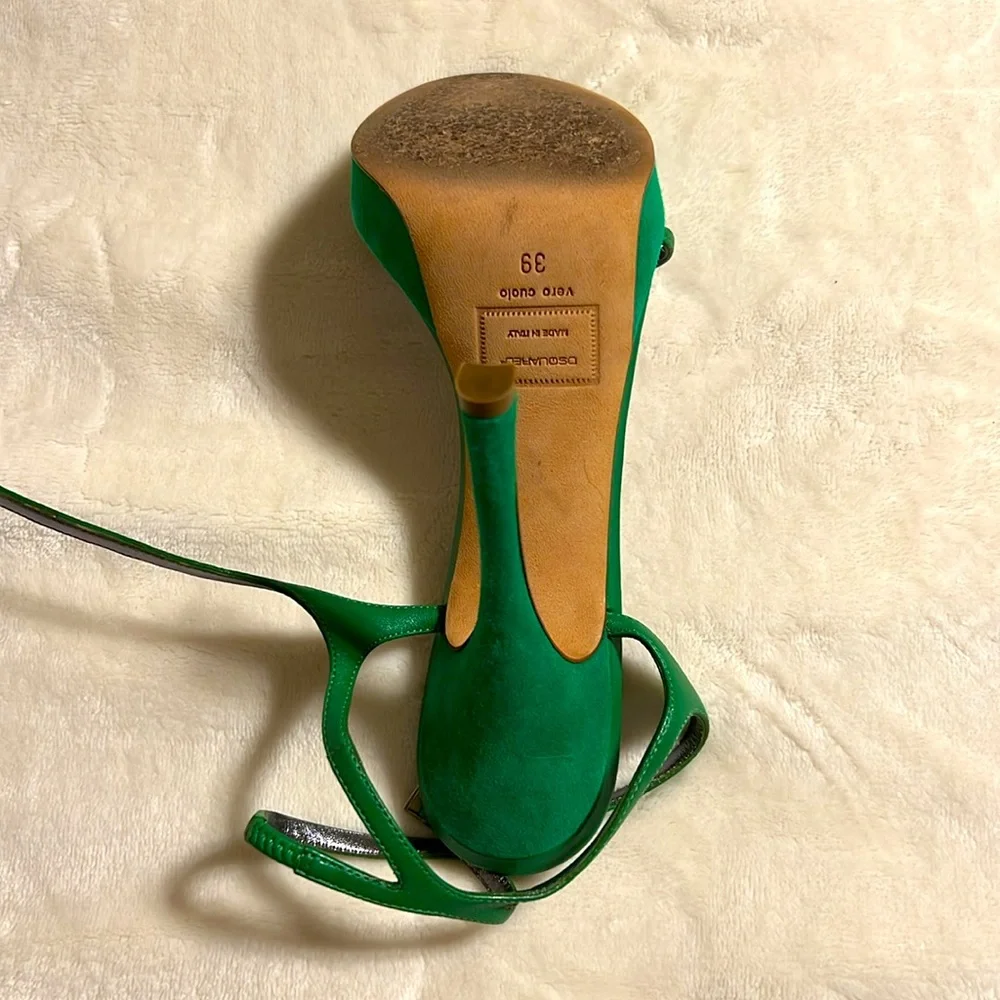 Dsquared2. Green Suede Strappy Heels. Like New. 39/8 Italy
